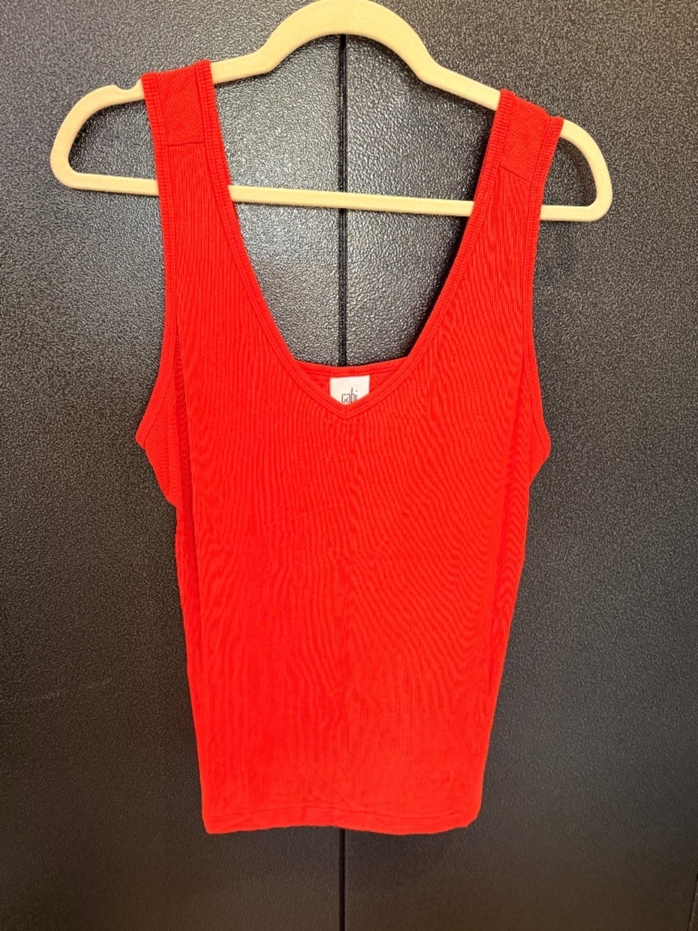Cabi Busy Tank Medium Geranium Orange Ribbed V-Neck Sleeveless Top